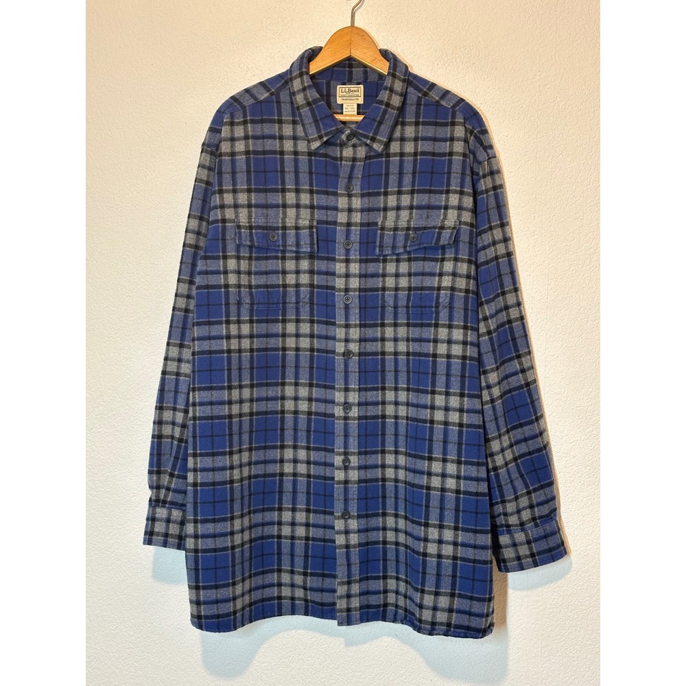 LL Bean Mens XXL Tall Flannel Shirt Traditional Fit Blue Plaid Cotton 277982